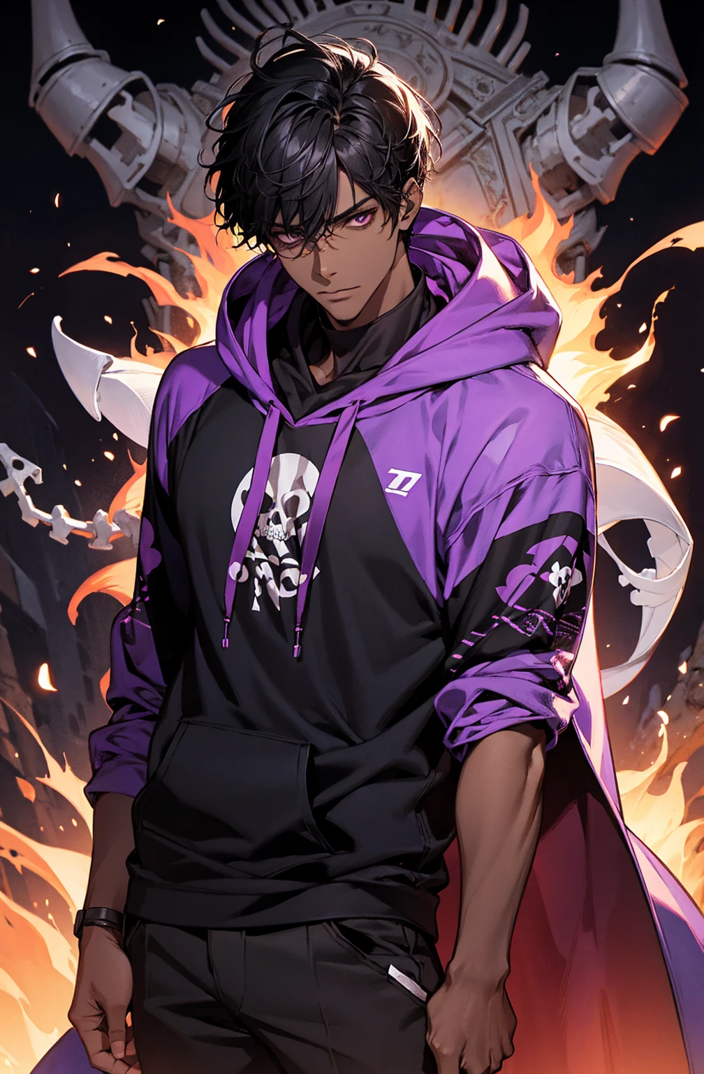 male with bones, looking away from camera, skulls, bones, handsome, black, dark skin, tall, broad shoulders, black hair, purple, purple fire, magic, detailed face, fantasy, hoodie
