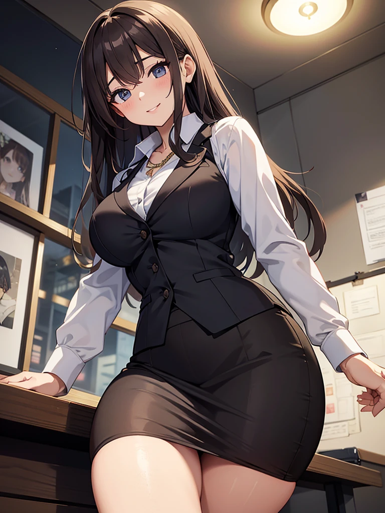 masterpiece, best quality, expressive eyes, perfect face, highly detailed, intricate detailed, atmospheric perspective, solo, 1mature seductive woman lifting skirt, alluring pose, brown semi long hair, neckless, business suit, checked vest, blouse, black pencil skirt, tight mini skirt, pantyhose, panties, curvy, thighs, calm smile, opening legs, from below, in office, at night,