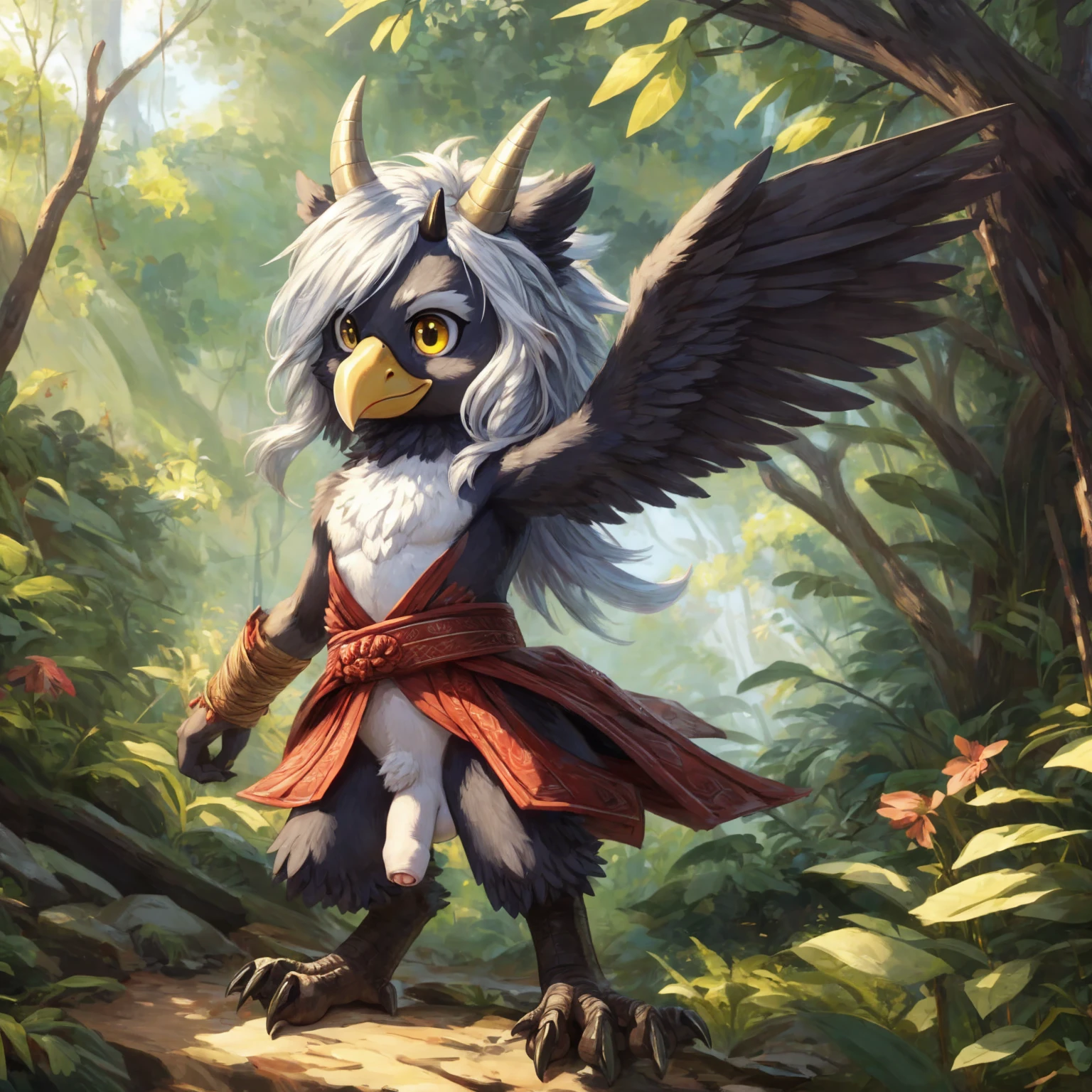 ultra-detailed, masterpiece, masterwork, high quality, best quality, hdr, (nature, japanese style), nsfw, male, solo, avian, chibi, (nude), (white little body crow), (long silver hair, beak, detailed yellow eyes, tsurime), horn, dynamic angle, (micropenis, foreskin, perfect balls), Hands and wings in one piece, cross your arms