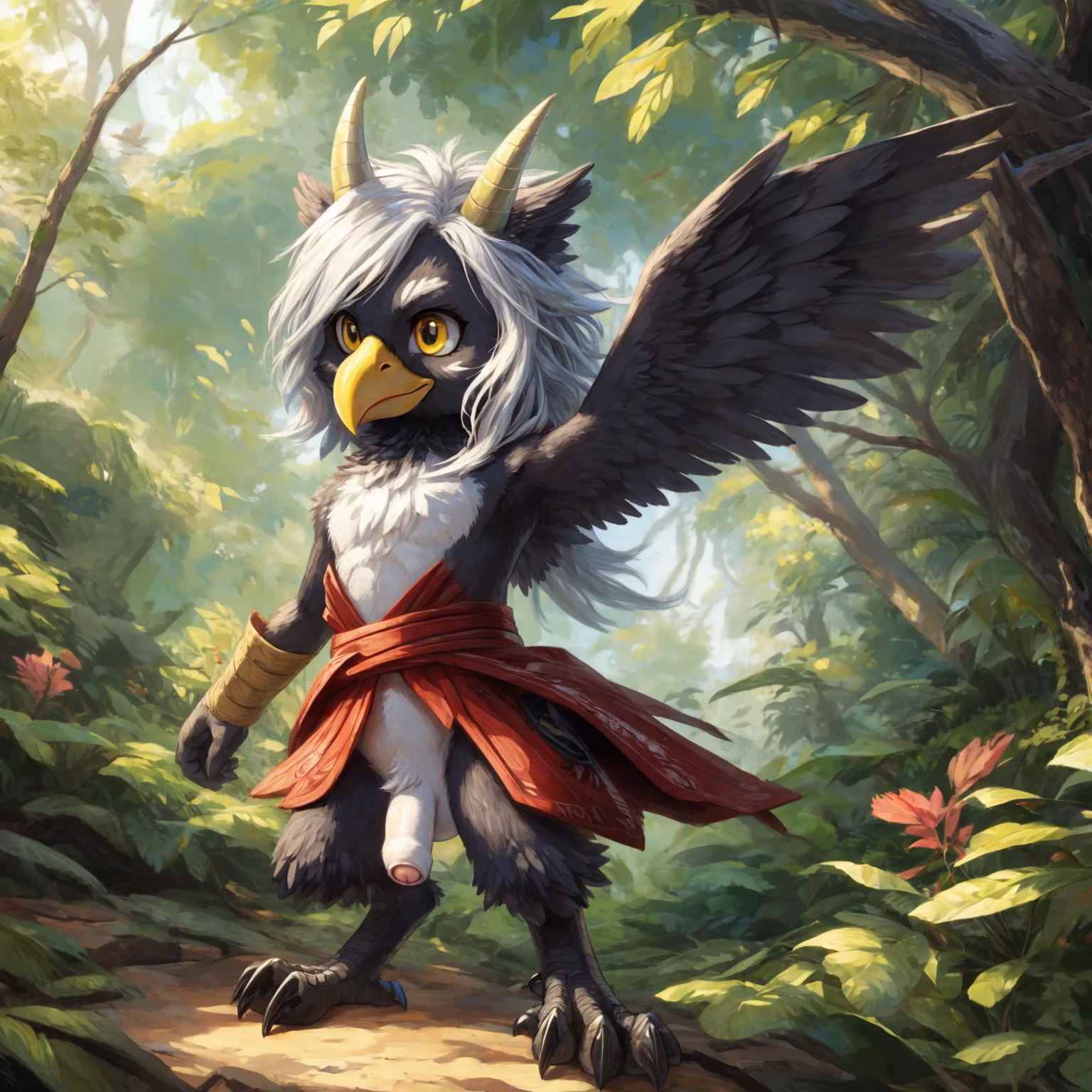 ultra-detailed, masterpiece, masterwork, high quality, best quality, hdr, (nature, japanese style), nsfw, male, solo, avian, chibi, (nude), (white little body crow), (long silver hair, beak, detailed yellow eyes, tsurime), horn, dynamic angle, (micropenis, foreskin, perfect balls), Hands and wings in one piece, cross your arms