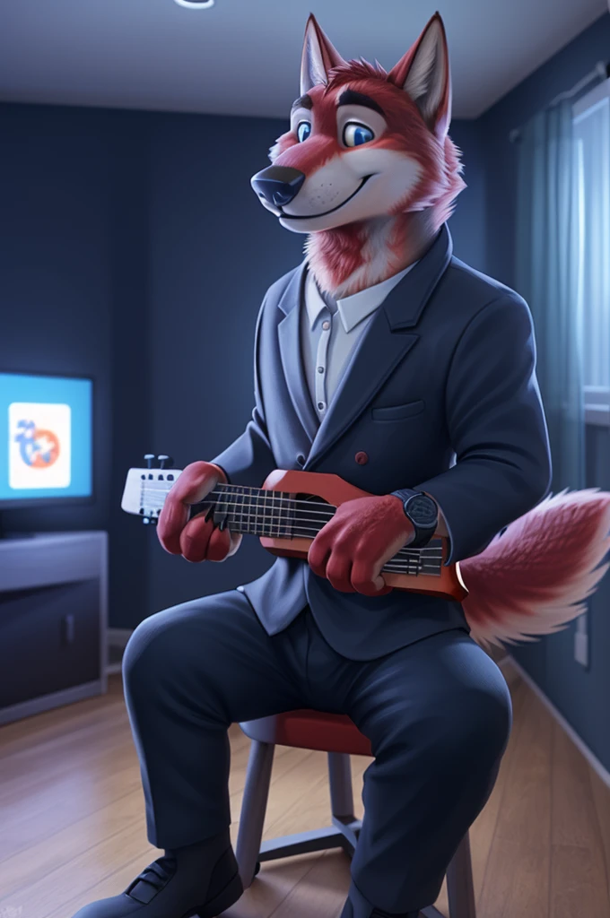 Ivan Fedorovich Wolfbach (Novosibirsk) ,tall handsome, wolf,young, 24 years, brown fur,Kind,(red body:1.3),beautiful blue eyes,Novosibirsk,dressed, blazer,White shirt,trousers,shoes,самый Kind, canine, wolf, detailed fur, male, antro, paw pads, finger claws,at viewer, 5 fingers, paws, 5 fingers, smile, wrist watch, т nextel,by xenoforge, (difficult, high detail, digital photography, soft focus, RAW species палаты ,very close to the camera, species,Novosibirsk, smile, a good mood, positive, very close to the camera,Houses, sitting in a chair, plays guitar, hall, television, gaming console, 
Photorealism, realistic, photorealistic, digital style, Subsurface scattering,Looking at the viewer, holds, child, lupus, 
masterpiece, Best quality, ultra realistic, 8 k)