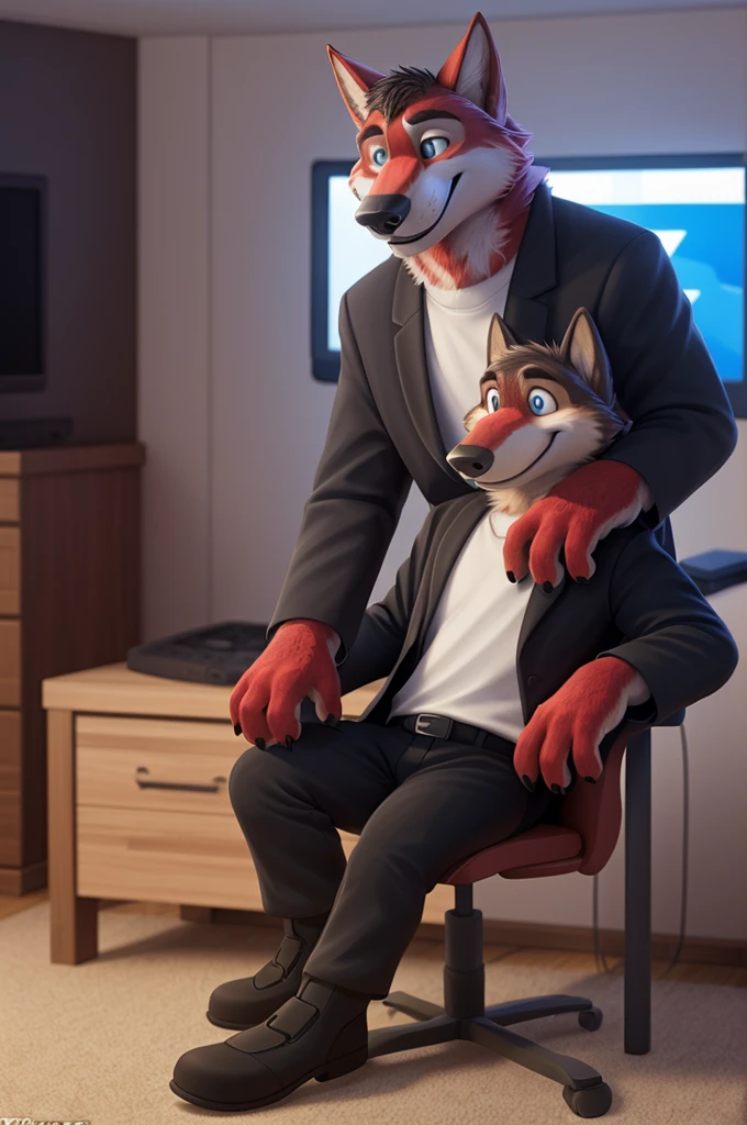 Ivan Fedorovich Wolfbach (Novosibirsk) ,tall handsome, wolf,young, 24 years, brown fur,Kind,(red body:1.3),beautiful blue eyes,Novosibirsk,dressed, blazer,White shirt,trousers,shoes,самый Kind, canine, wolf, detailed fur, male, antro, paw pads, finger claws,at viewer, 5 fingers, paws, 5 fingers, smile, wrist watch, т nextel,by xenoforge, (difficult, high detail, digital photography, soft focus, RAW species палаты ,very close to the camera, species,Novosibirsk, smile, a good mood, positive, very close to the camera,Houses, sitting in a chair, plays guitar, hall, television, gaming console,
Photorealism, realistic, photorealistic, digital style, Subsurface scattering,Looking at the viewer, holds, , lupus,
masterpiece, Best quality, ultra realistic, 8 k)