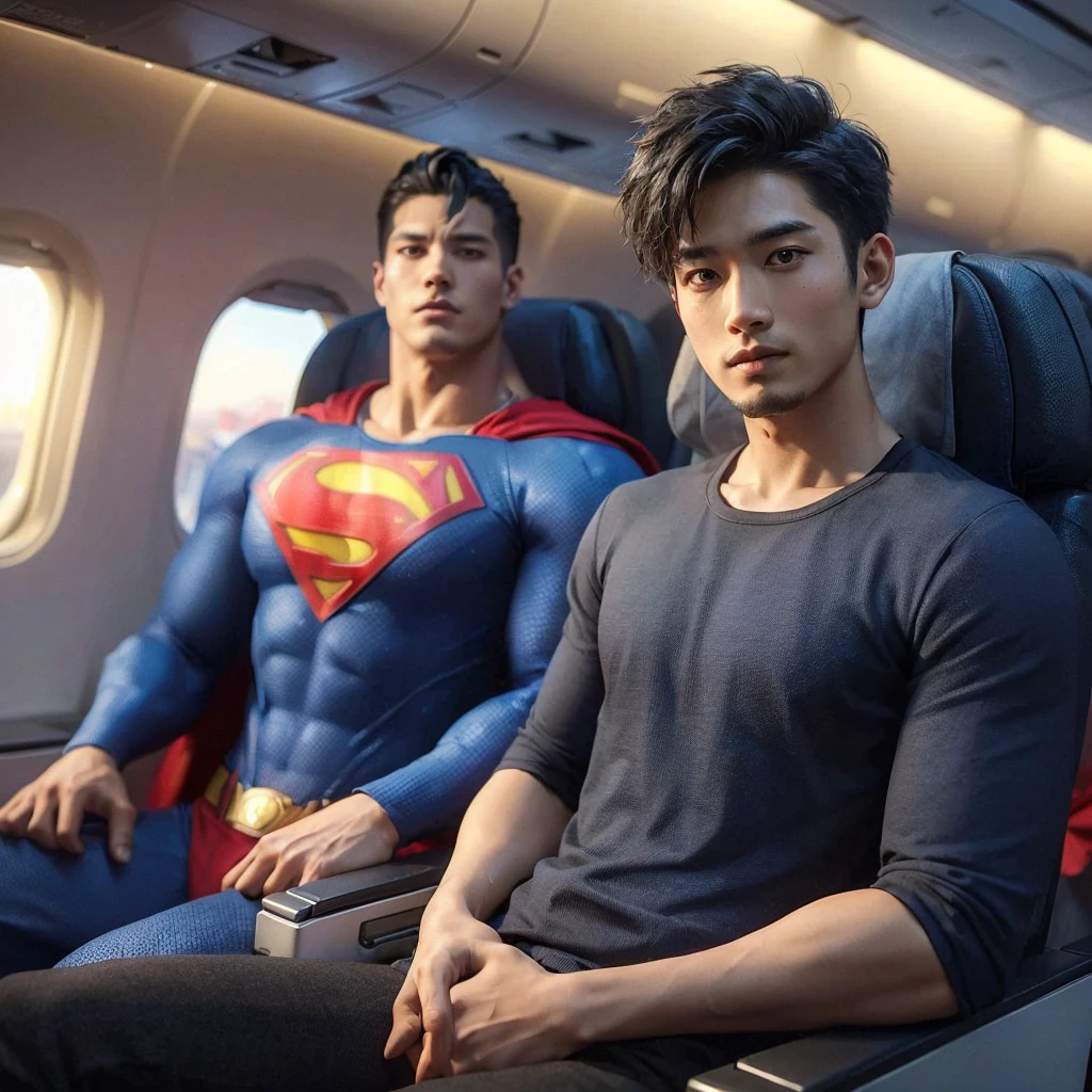 3d hyper realistic of an asian man ,25 years old,rambut short and spiky, wearing a dark blue shirt ,black trousers sat in an economy class plane next to him sat a superman ,the two of them talked to each other, the atmosphere was comfortable and there were lots of passengers,warm,4k,UHD,cinematic, ultra realistic
