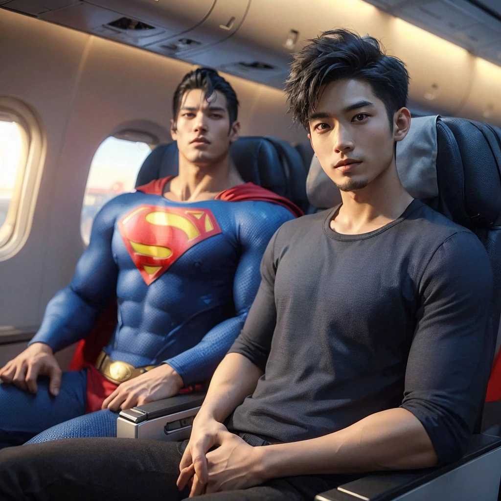 3d hyper realistic of an asian man ,25 years old,rambut short and spiky, wearing a dark blue shirt ,black trousers sat in an economy class plane next to him sat a superman ,the two of them talked to each other, the atmosphere was comfortable and there were lots of passengers,warm,4k,UHD,cinematic, ultra realistic