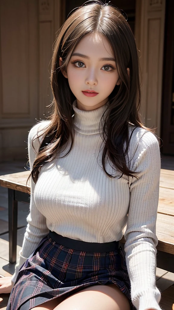 (8Khigh resolution), (best quality), (RAW image quality),(On the table:1.2), (Practical), (Practical:1.37), Oval face,White-eye,Long eyelashes,Double eyelids,（Live-action Practical style）,Ultimate Face,Practical light and shadow,Clear facial features,Milky white skin,White skin, High Detail Skin,Practical skin details,Visible pores,（Very detailed）,Random hair length, （Flowing hair）,Take the best portraits,,Very detailedな, 1- Girl, Lovely,Beautiful and delicate eyes, Beautifully detailed nose, Very delicate skin,whole body ,(eye contact),(Large Breasts、Full breasts)、(Double eyelidsの美しい顔),((whole body画像)), (realism: 1.4),high resolution, Excellent details, ultra high resolution, (Show your most beautiful smile to the audience),,Beautiful face,,20 years old,(Beautiful Face 1.4),slim, (long hand knitted turtleneck sweater:1.2)、(Plaid pleated skirt:1.2),((Don&#39;t tuck your sweater into your skirt、Long sleeve:1.2)),((Autumn scenery)),shooting in the city,(whole bodyショットです.),Sweater color random,Skirt color random