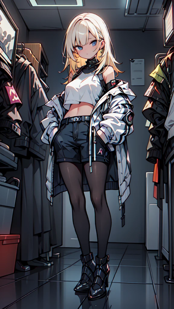 1 girl, long Yellow hair , cyberpunk, blue eyes, high heels, hand in pocket, best quality, 4k, 8k, highres, masterpiece:1.2, ultra-detailed, realistic, photorealistic, photo-realistic:1.37, HDR, UHD, studio lighting, ultra-fine painting, sharp focus, physically-based rendering, extreme detail description, professional, vivid colors, bokeh, cyberpunk, science fiction, neon lights, dark atmosphere, dramatic lighting