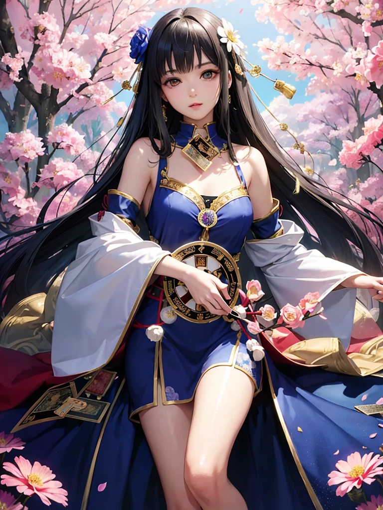 Highest quality、masterpiece、High resolution、Perfect detail、(Very nice and beautiful:1.1)、(Official Art、Beautiful and aesthetic:1.2)、(Fractal Art:1.3)、(Lots of flower effects:1.4)、One girl、Looking_in_Audience、portline、solo、Very vibrant colors、(Various flower effects:1.3)、Lots of petals、beiniful lights、Quality beauty、(A detailed face with detailed eyes:1.1)、(Beautiful and vivid background: 1.1)、美しい女性fortune tellerとクリスタル、(Tarot Cards:1.4)、Ren Hao、ribbon、Flowers and petals、beautiful concept illustrinion、fortune teller&#39;tent in a dark alley、Under the hood、Ugly old woman in strange gypsy costume sitting in table、Tarot Cardsとウィジャボードに手を置きます