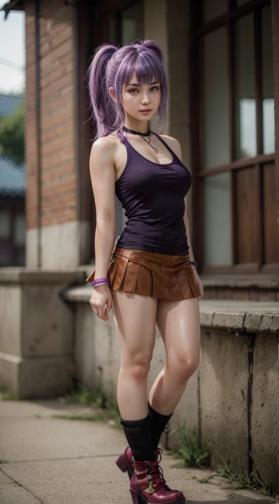 Ayane, purple hair, (best quality, ultra-detailed), (realistic:1.37), beautiful and detailed face, ultra-realistic texture, delicate face, delicate body, red lipstick, bright colors. high definition, 8K, well defined legs