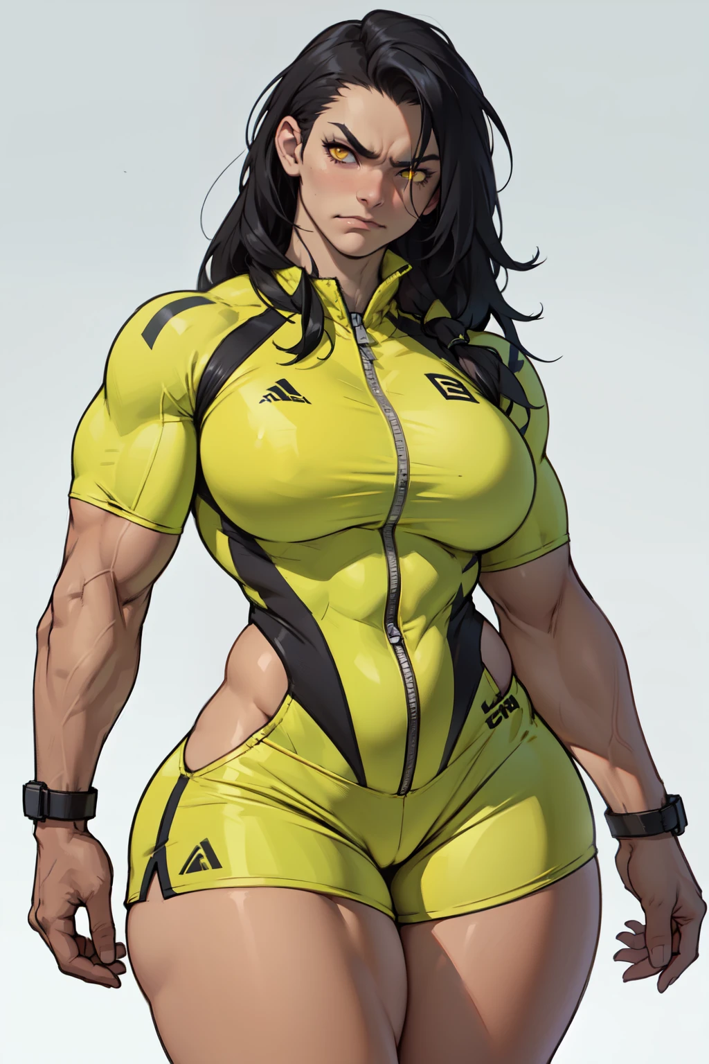 girl ((1girl)) pale skin (muscular) toned body thick thighs black hair yellow eyes long hair (grey background) bodybuilder frowning (tight romper) massive breasts thick thick thick thick thick