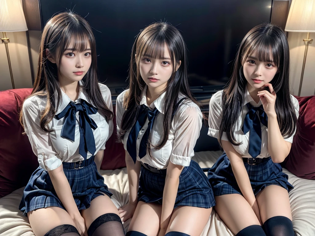 (8K, Raw photography, top-quality, ​masterpiece:1.2), master piece, best quality, illustration, Super detailed, fine details, High resolution, 8K,wall paper, perfect dynamic composition,(Details High quality, realistic depiction of eyes:1.3), ((2 girls, 2 schoolgirls)), The background is a luxury hotel room、High school girl uniform、Super Short Check Uniform Skirt、Navy blue high socks、garterbelts、Colossal tits、Disturbed uniform, Play with each other,Touching each other's bodies,Touching the body of the girl next door, short bob hair, black hair color, huge breasts, Big Natural Color Lip, bold sexy pose, (perfect body shape), crying a little、cold gaze,  Beautiful makeup,glitter makeup,Cutest 18 years old, beautiful legs, hposing Gravure Idol, Voluptuous thighs