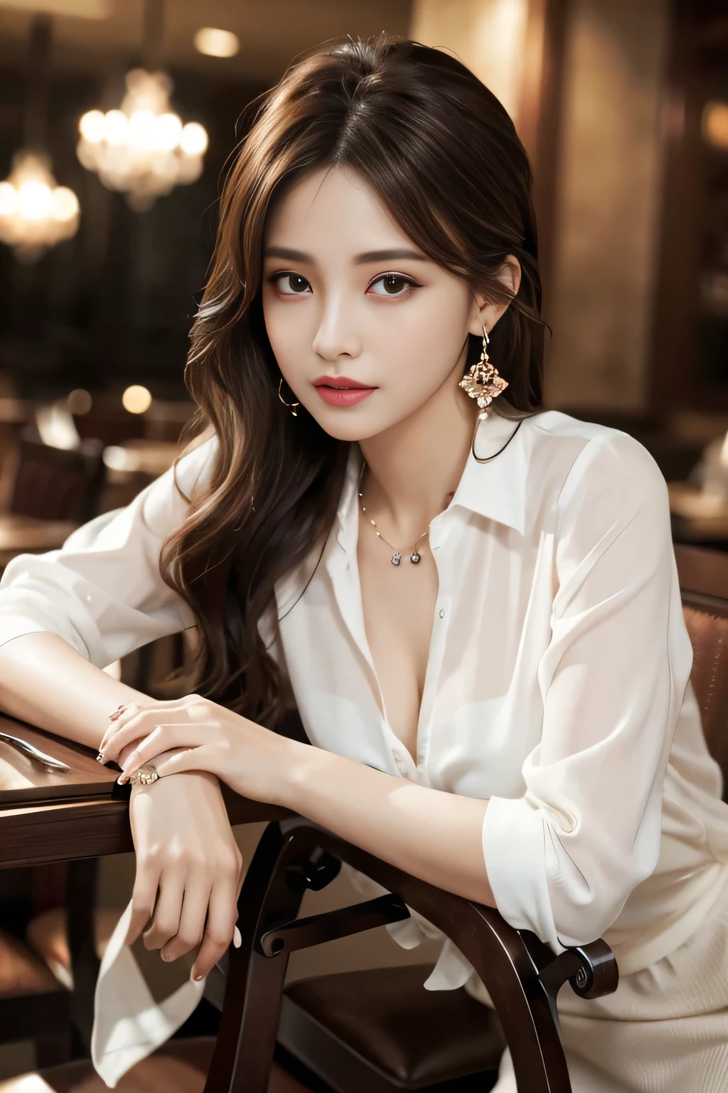 masterpiece, Highest quality, Realistic, Very detailed, Finer details, High resolution, 8k wallpaper, One beautiful woman, Wear an elegant see-through shirt, In a great restaurant, At night, Light brown messy hair, Perfect dynamic composition, Beautiful and beautiful eyes、Big earrings、Sit on a chair、
