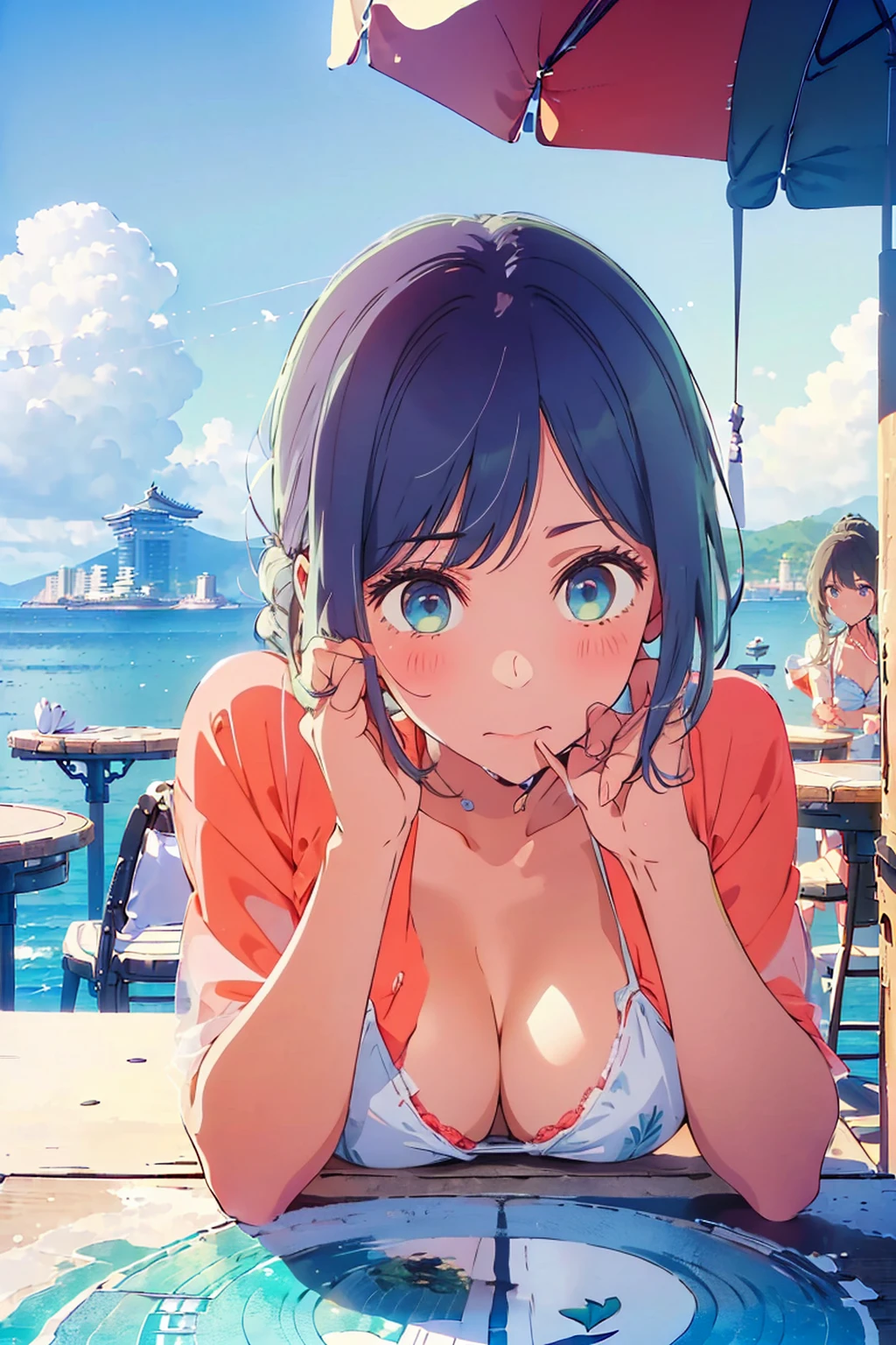 (Highest quality:1.4、8K:1.4、detailed)、F cup bust、Big Breasts、Slim body、Very white beautiful skin、((((1 person、Surprised expression、sit、Chair、In the background are the urban buildings of Tokyo、looking at the camera、Outdoor café terrace、coastal、Navy hair color、Hold the straw in your mouth:1.4、White side string high leg bikini、Shooting up close、table、Very cute face))))、(Low ponytail:1.4)、Very blue sky、A completely cloudless sky