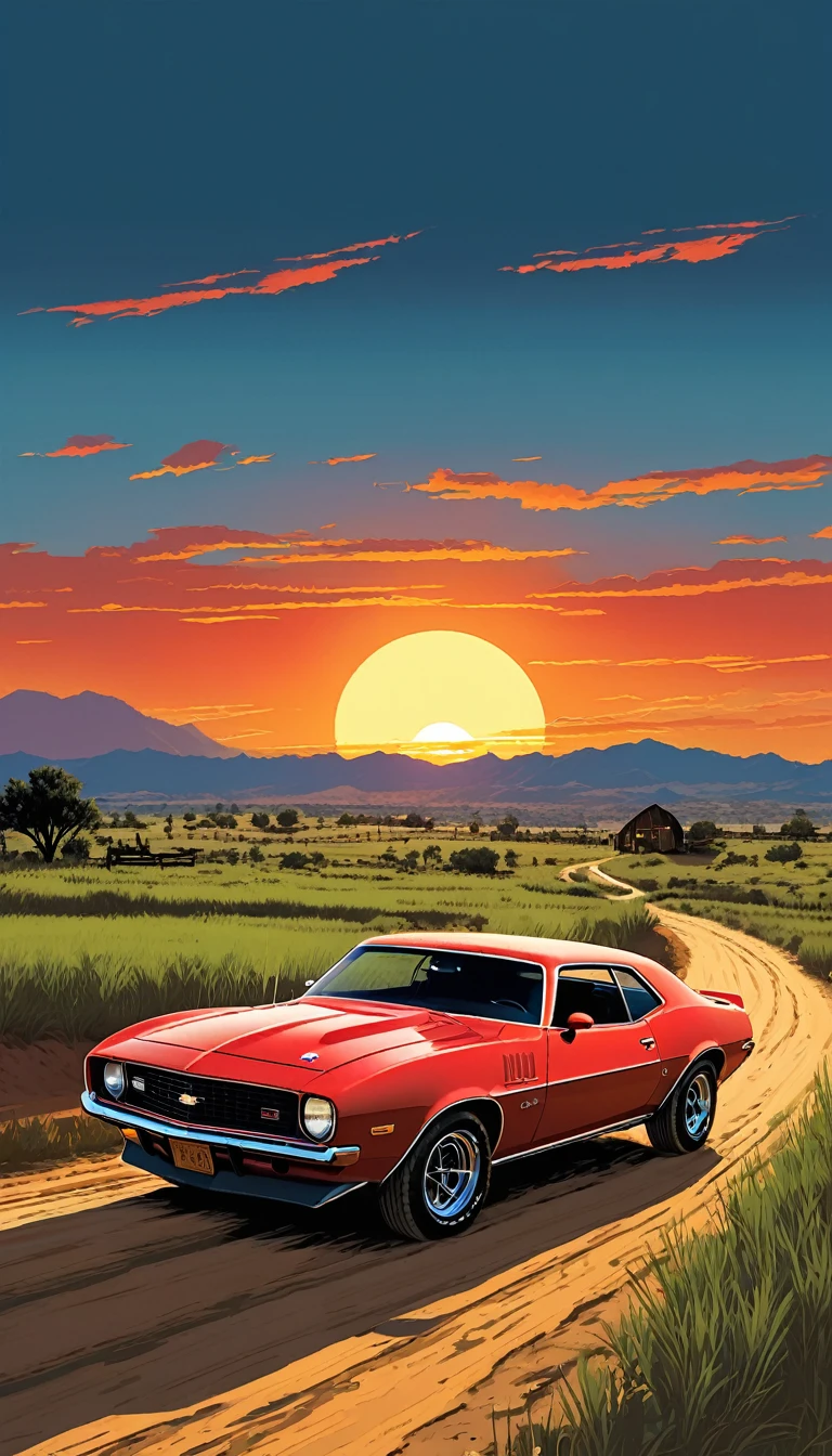 stylized digital 美術 featuring a vintage red Ford T parked by a dusty dirt road through a field during sunset. Blue car, Warm orange sky, Yellow and red, with the sun setting on the horizon. （Draw a car from behind）,（The body color is shiny blue..）,Blue Chevrolet Camaro.1973 model.The fields are covered with tall grass swaying in the wind.（Paved road）（The car is half the size of the whole）The grass is painted in shades of green and brown., There are some bright spots, this is、It may have been an artistic choice to emphasize the intensity of the scene.。.. The overall 美術 style is reminiscent of Cartoon Art, Bold lines and a limited color palette enhance the dramatic effect of the scene...Red Dead Redemption&#39;Visual style of, at sunset, Cartoon Art, And Martin,  sunset!, Eddie Mendoza, sunset illustration sun, Featured Art, Digital colorful illustration, (masterpiece), Highest quality