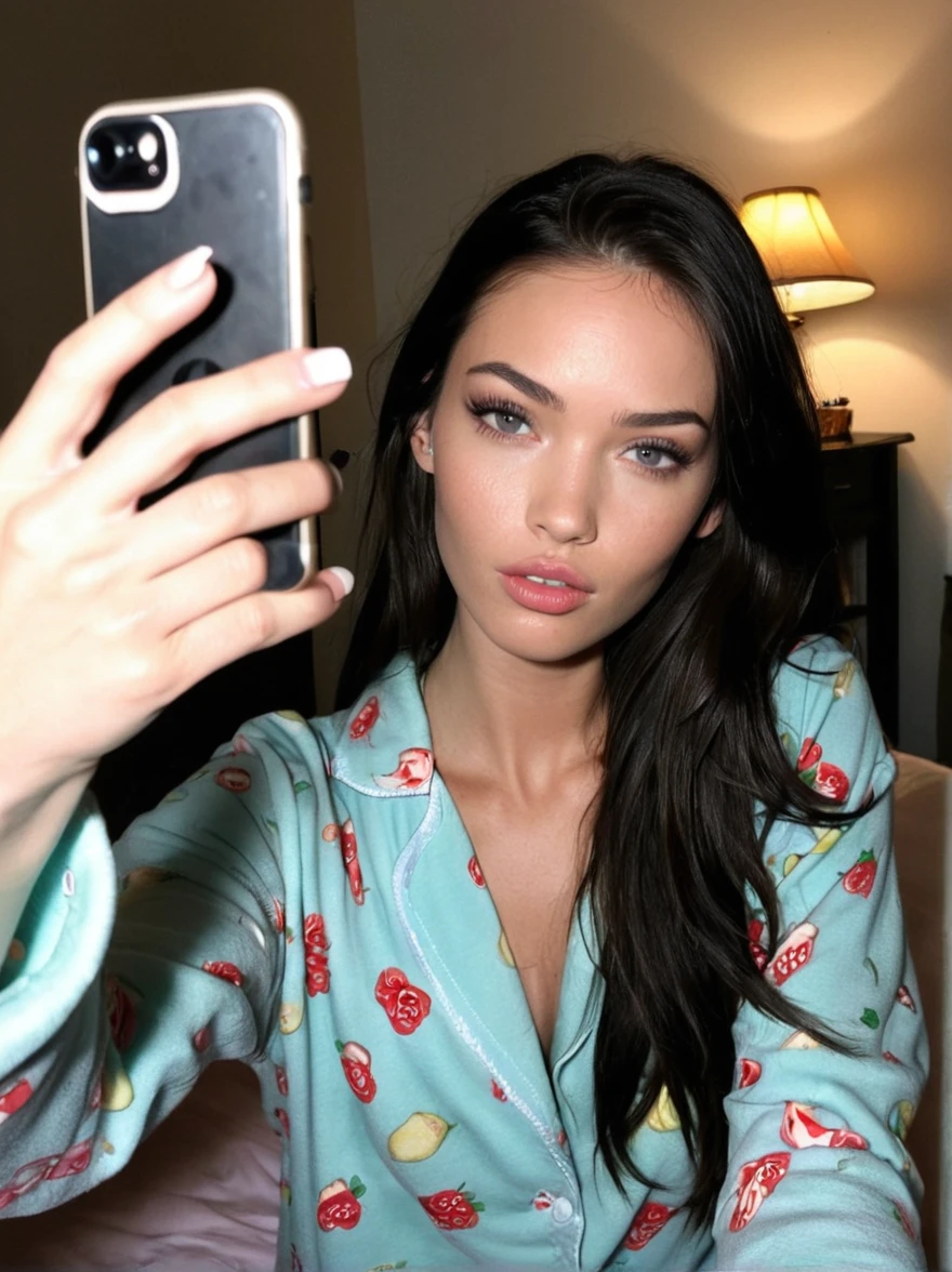 a realistic selfie miror instagram photo of a [ really beautiful exotic androgynous supermodel 19 year old woman] , with [long, dark hair] , looks like [Megan FOX] and [Adriana Lima], light makeup, looking [innocent, cute, flushed] , morning, pyjama bedroom [light] skin --ar 9:16 --stylize 750 --v 6
