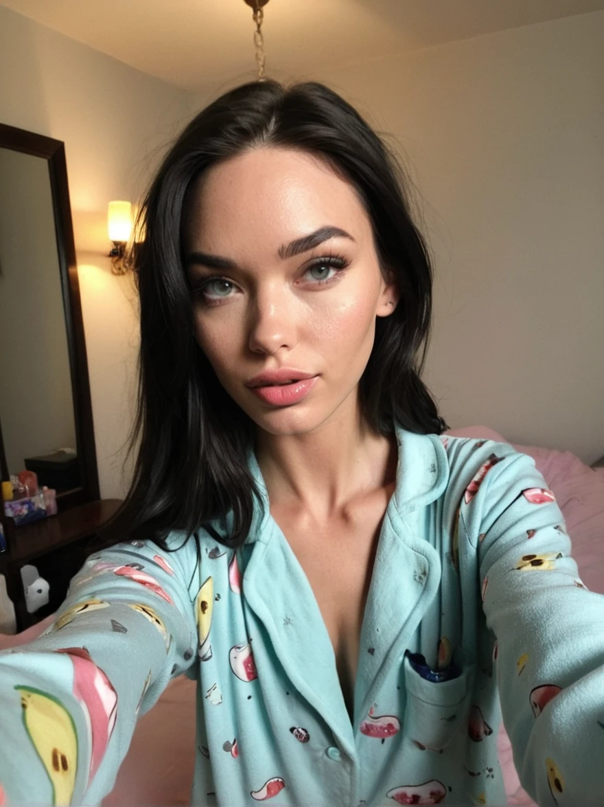 a realistic selfie miror instagram photo of a [ really beautiful exotic androgynous supermodel 19 year old woman] , with [long, dark hair] , looks like [Megan FOX] and [Adriana Lima], light makeup, looking [innocent, cute, flushed] , morning, pyjama bedroom [light] skin --ar 9:16 --stylize 750 --v 6