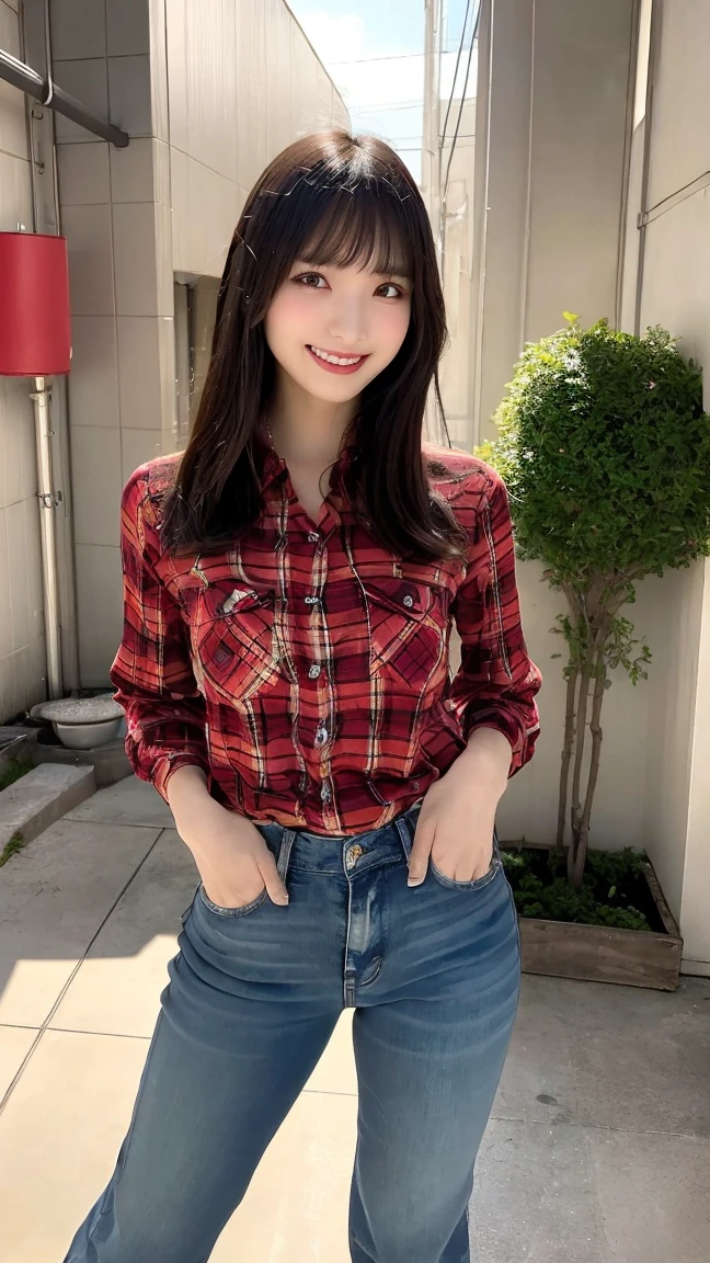 (Ultra-realistic), (An illustration), (high resolution), (8K), (very detailled), (最高のAn illustration),(CRU photo, best qualityer), (真实感, photorrealistic:1.4), Masterpiece artwork, Very delicate and beautiful, extremely detaild, 2k wallpaper, incredible, fine-details, very detailledなCGユニティ8kの壁紙, super verbose, high resolution, beautiful detailed girl, very detailledな目と顔, Beautiful detailed nose, beautiful detailed eyes,cinematic lighting,Perfect Anatomia,Perfect promotion,(a shy smile, beautiful face), ((perfect legs, perfect legs, perfect hands, perfect hands指, perfect arms, a shy smile, The mouth is perfect)), looking directly at the camera, Ear fringes and fringes、necklase、 (((beautiful japanese girl)))、 ((((((Uma beautiful japanese girl de 27))))))、(((Huge G breasts))), (((Bursting with huge breasts!!!!))), (((attractive big breasts!!!!!!!))), (((huge boobies))), (((Full body writing))), (((seductively pose))), ((photo only)), ((Bblack hair)), (((slenderbody))), (((Wearing a black and red plaid shirt, sneakers and jeans))), ((((beautiful smiling))))