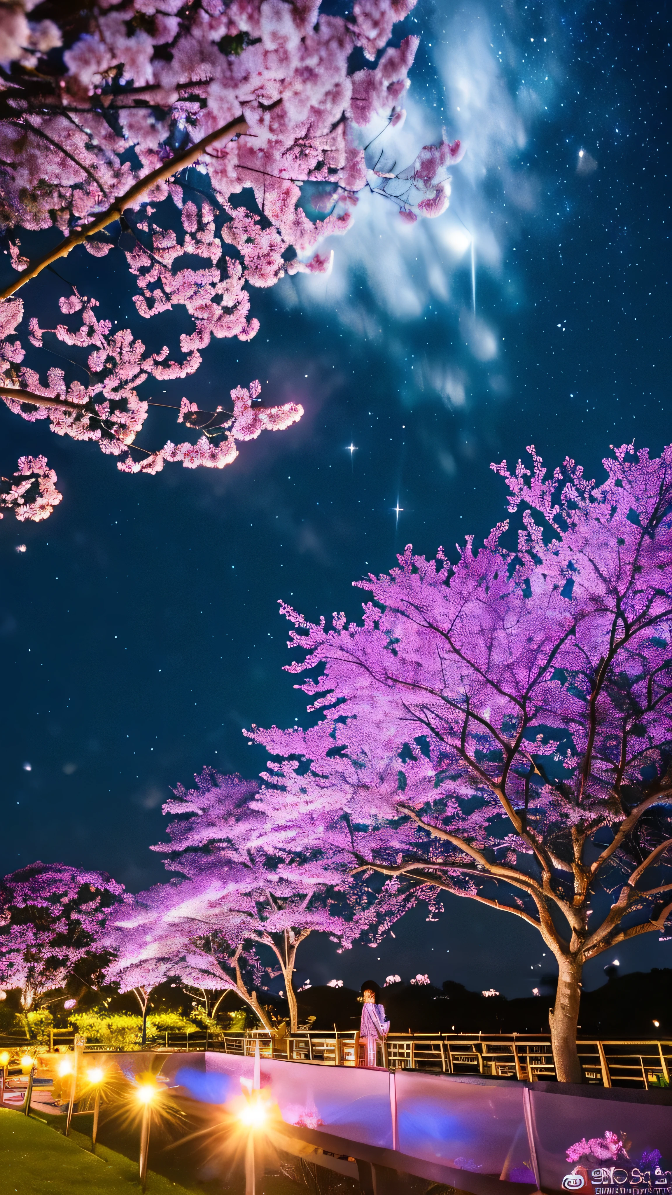 surely, The prompt in this image is, 「Fantastic night cherry blossoms against the backdrop of the brightly shining universe」. There is a bright atmosphere, Highly saturated colors that emphasize the vividness of cherry blossoms and celestial bodies. The stars shine brighter, The Milky Way is depicted in lighter shades of blue and purple., The whole scene glows with an otherworldly glow.. The petals are also infused with delicate rainbow colors..., Creates a great atmosphere, As if the tree was bathed in starlight.。..」