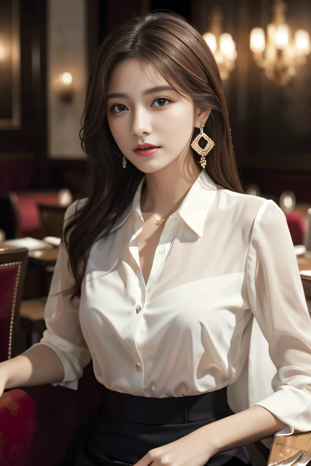 masterpiece, Highest quality, Realistic, Very detailed, Finer details, High resolution, 8k wallpaper, One beautiful woman, Wear an elegant see-through shirt, In a great restaurant, At night, Light brown messy hair, Perfect dynamic composition, Beautiful and beautiful eyes、Big earrings、Sit on a chair、