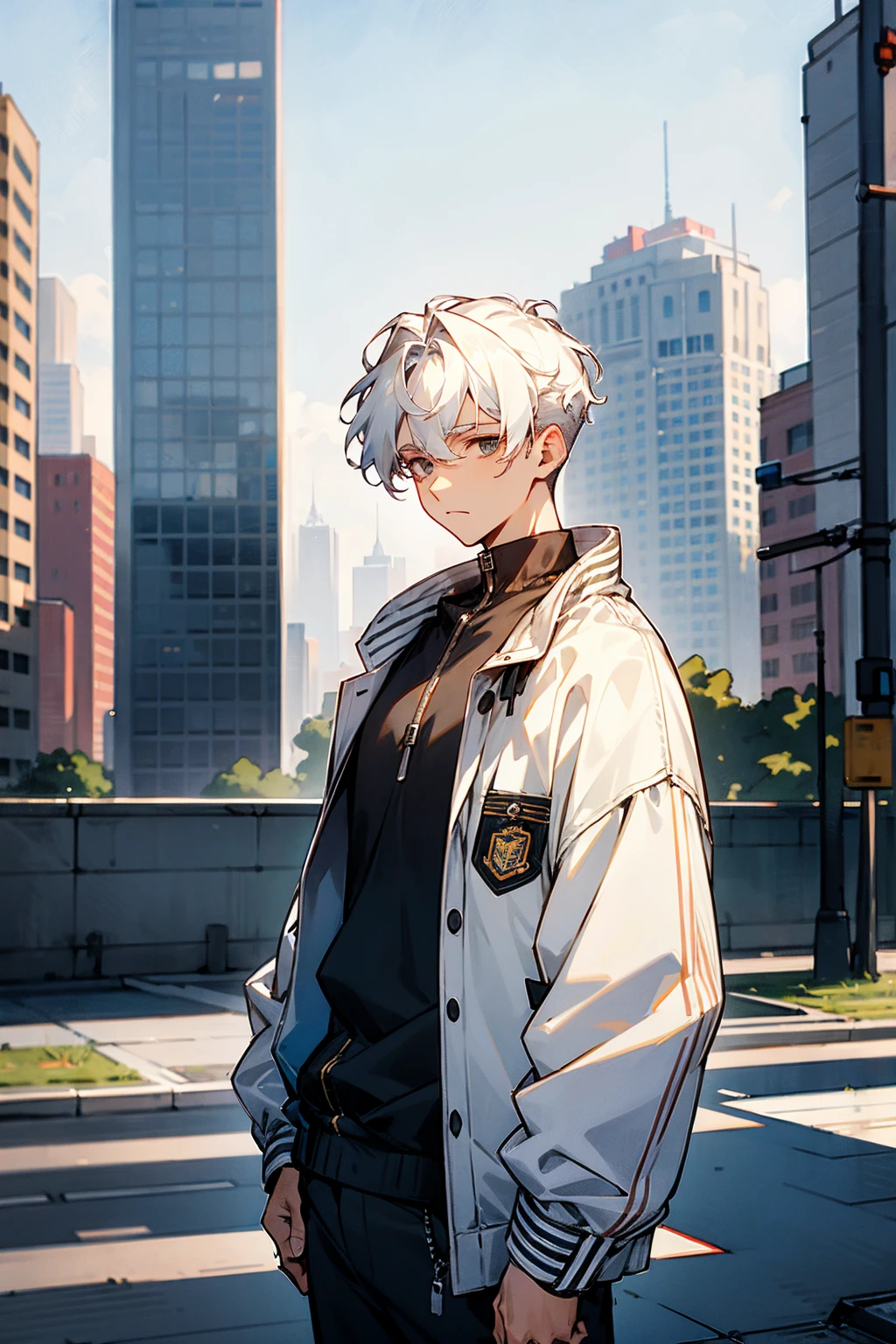 1male , White Hair , Wavy Hair , Undercut Hair , Unique Hair , Calm Expression ,Baggy Letterman Jacket , Standing in Modern City Background , Adult Male