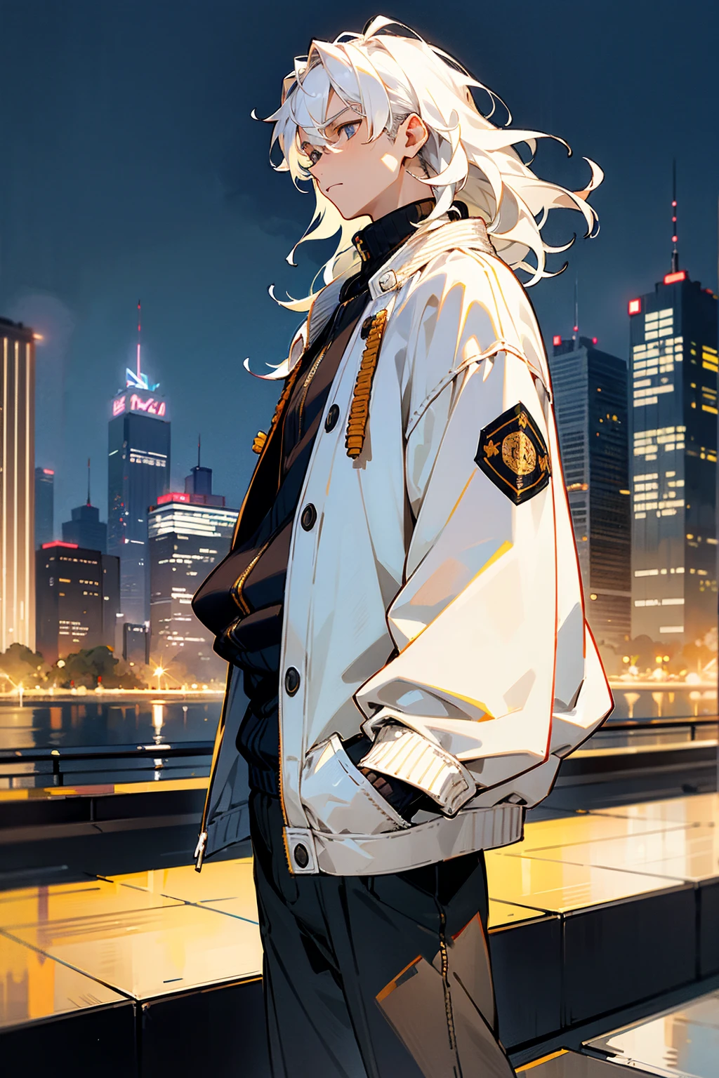 1male , White Hair , Wavy Hair , Undercut Hair , Unique Hair , Calm Expression ,Baggy Letterman Jacket , Standing in Modern City Background , Adult Male