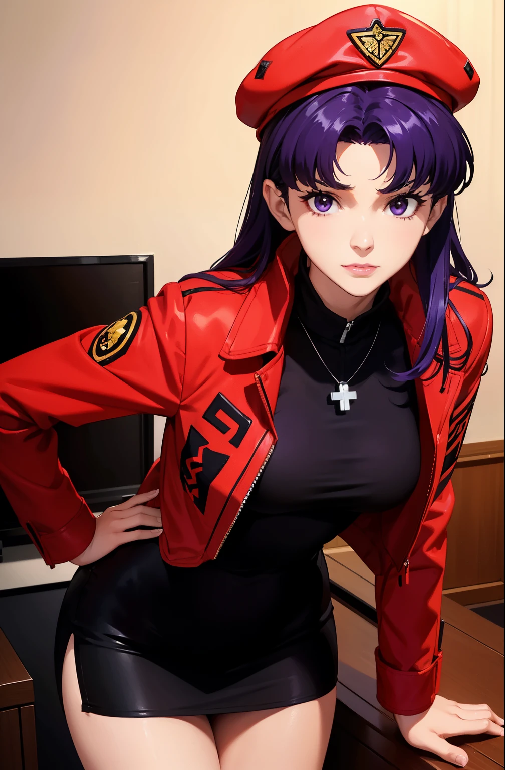 1 Female, clothing: black bodycon, Short tight black dress, The eyes are brown, Purple Hair, Medium Hair, compensate, Cross Necklace, expensive, The body is slim, Misato katsuragi (Hmph), (((Misato katsuragi))), indoor, living room, (((Front view))), View Viewer, Nice thighs, Perfectly detailed face, Detailed hands and fingers, Masterpiece 1.1, Trending on Art Station, pixiv quality, (((Fine art:jaw))), Exquisitely crafted, Ultra Graphics, sfw version, (((Mature 1.1))), clothing: Jacker, Red jacket, Red bullet hat、Symmetrical face、