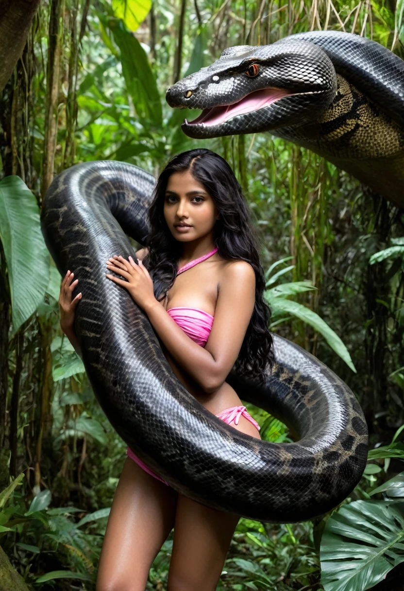 Topless pink thong wearing aroused horny beautiful happy young Indian girl vs Giant colossal black anaconda monster wrapped around her body squeezing her in coiled embrace cuddling and kissing sexual erotic bestiality sex realistic in the rainforest full body, best quality wet top quality perfect body