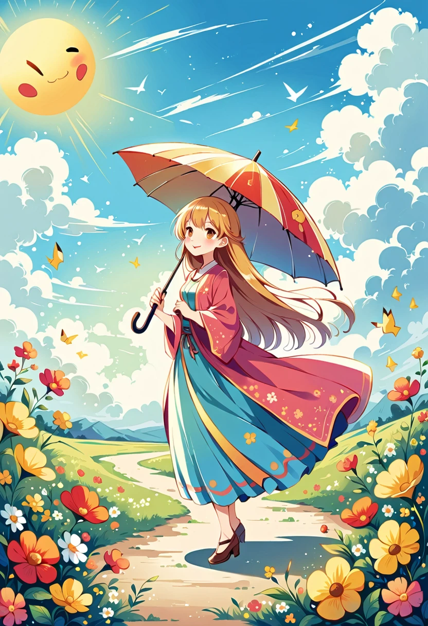 Illustrate a charming scene of Pikachu using an umbrella as a parasol on a sunny day. Pikachu should be walking in a park with the sun shining brightly. The umbrella should have a bright, colorful design, and Pikachu should be smiling happily. Include elements like flowers and a clear blue sky to enhance the sunny atmosphere.