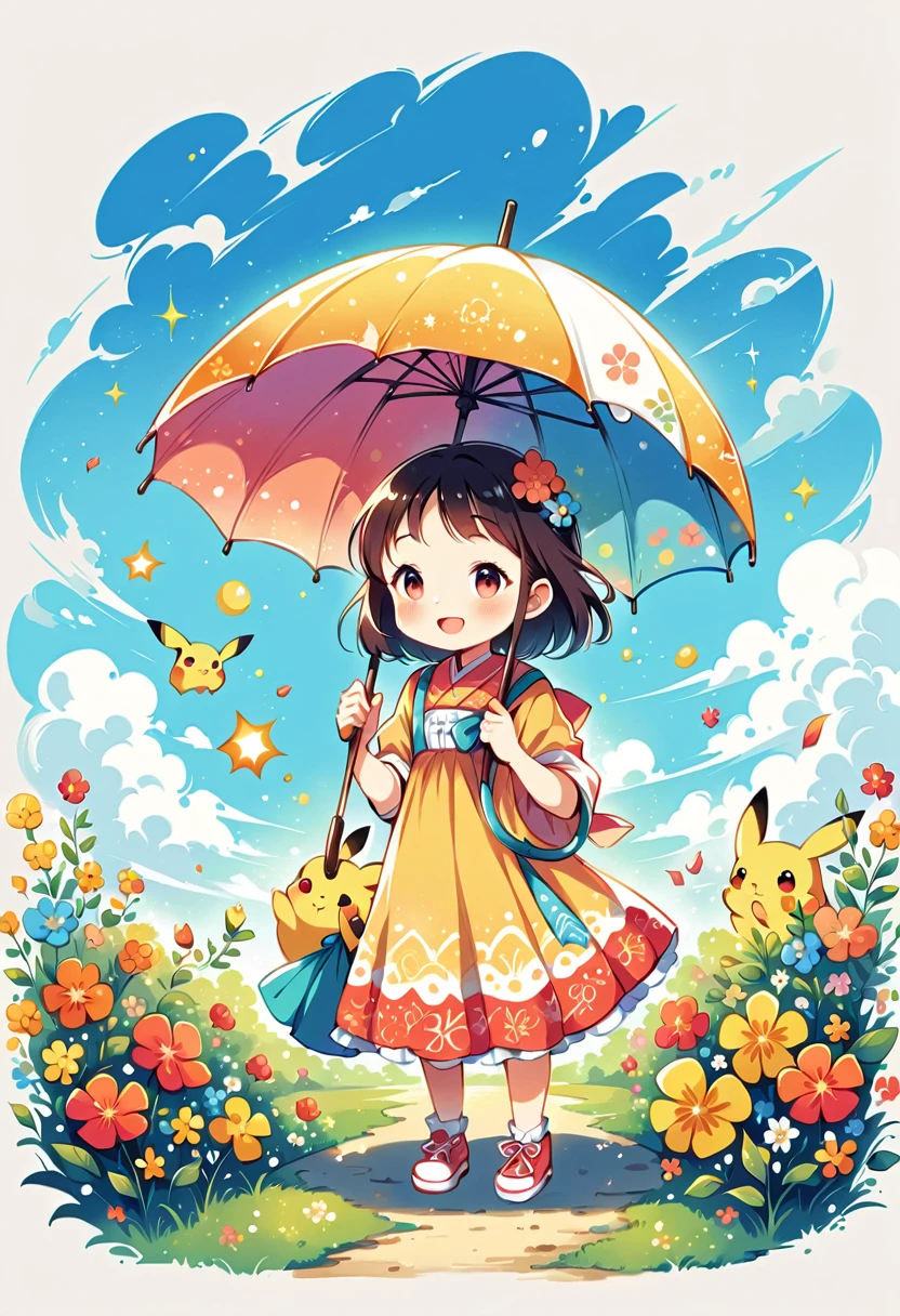 Illustrate a charming scene of Pikachu using an umbrella as a parasol on a sunny day. Pikachu should be walking in a park with the sun shining brightly. The umbrella should have a bright, colorful design, and Pikachu should be smiling happily. Include elements like flowers and a clear blue sky to enhance the sunny atmosphere.