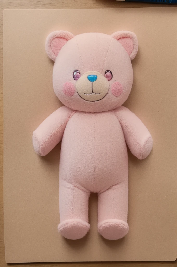 draw a small drawing of the pink care bear in the bottom right corner on a beige sheet