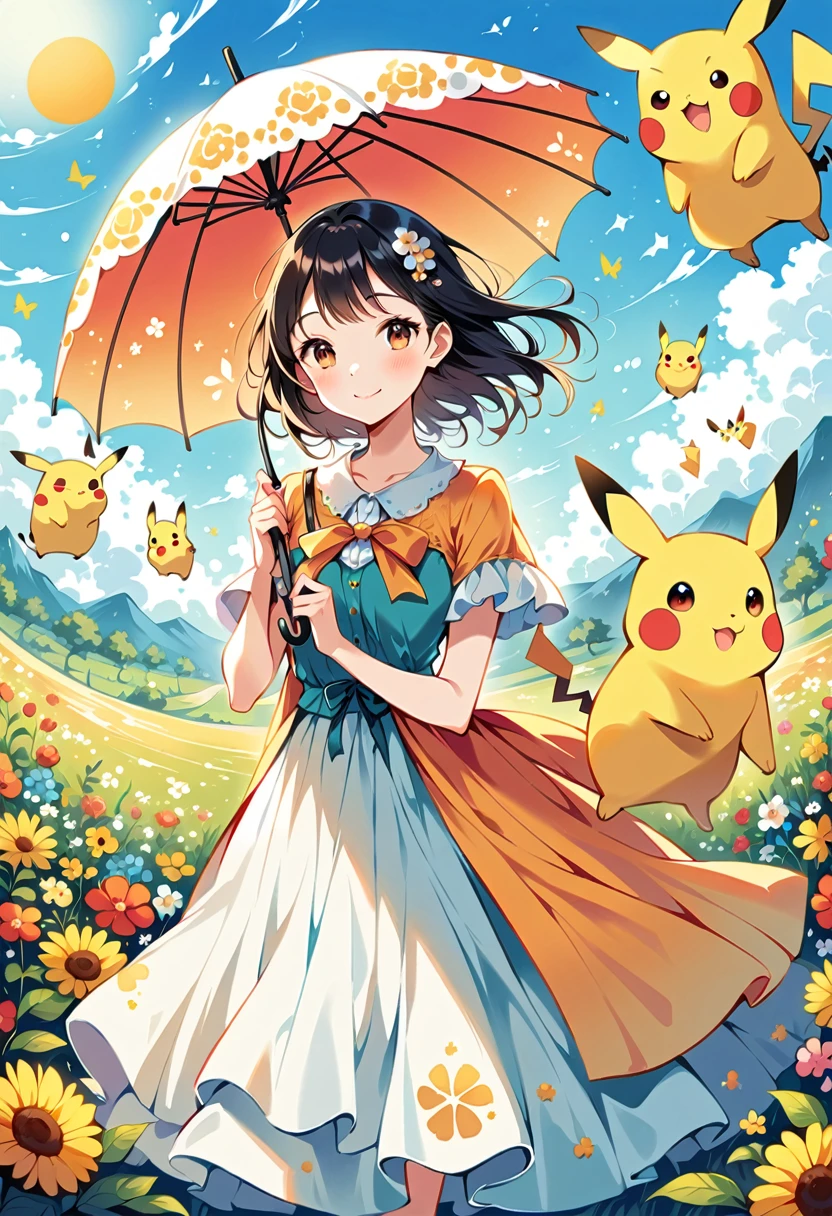 Illustrate a charming scene of Pikachu using an umbrella as a parasol on a sunny day. Pikachu should be walking in a park with the sun shining brightly. The umbrella should have a bright, colorful design, and Pikachu should be smiling happily. Include elements like flowers and a clear blue sky to enhance the sunny atmosphere.