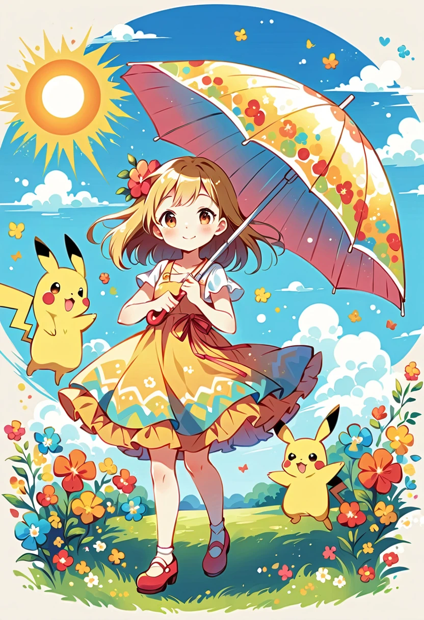 Illustrate a charming scene of Pikachu using an umbrella as a parasol on a sunny day. Pikachu should be walking in a park with the sun shining brightly. The umbrella should have a bright, colorful design, and Pikachu should be smiling happily. Include elements like flowers and a clear blue sky to enhance the sunny atmosphere.