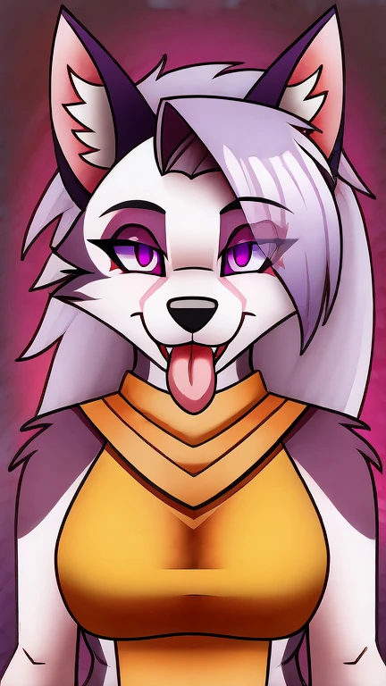 Loona hellhound, female wolf, white fur, yellow_tabard, tribal clothes, hypnotized with completely spyral glowing purple eyes with no irises or pupils, tongue out