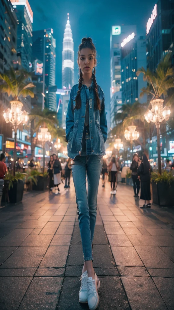 A girls from Indonesian face clean, wearing jacket blue, wearing jeans black,shoes white and hair Braid ,pose full body standing on KLLC city Malaysia with nature beautiful night, , lamp neon ,realitic ,photography, high' focus, long shoot,32k