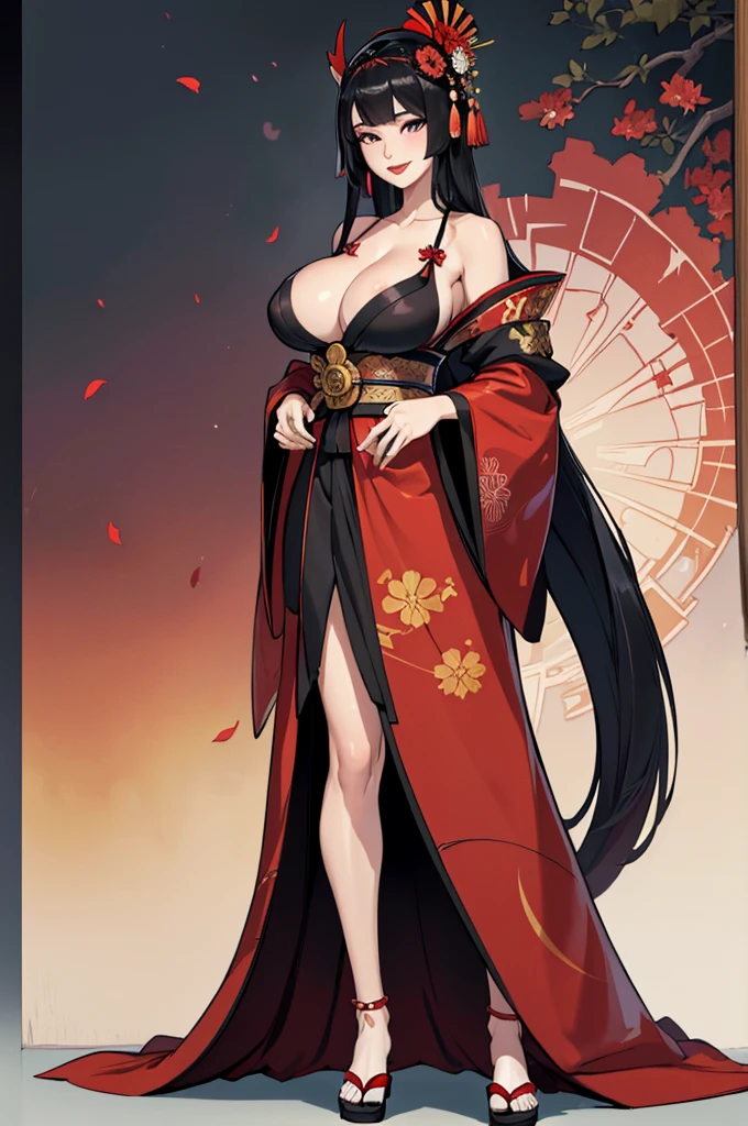 (masterpiece, best quality, high resolution, ((standing full-length)),((huge breasts))1 beautiful woman, very long black hair, red lips, full-body fantasy Japanese empress kimono, Japanese empress headdress and accessories, smile, zakura petals
