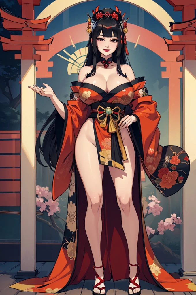 (masterpiece, best quality, high resolution, ((standing full-length)),((huge breasts))1 beautiful woman, very long black hair, red lips, full-body fantasy Japanese empress kimono, Japanese empress headdress and accessories, smile, zakura petals
