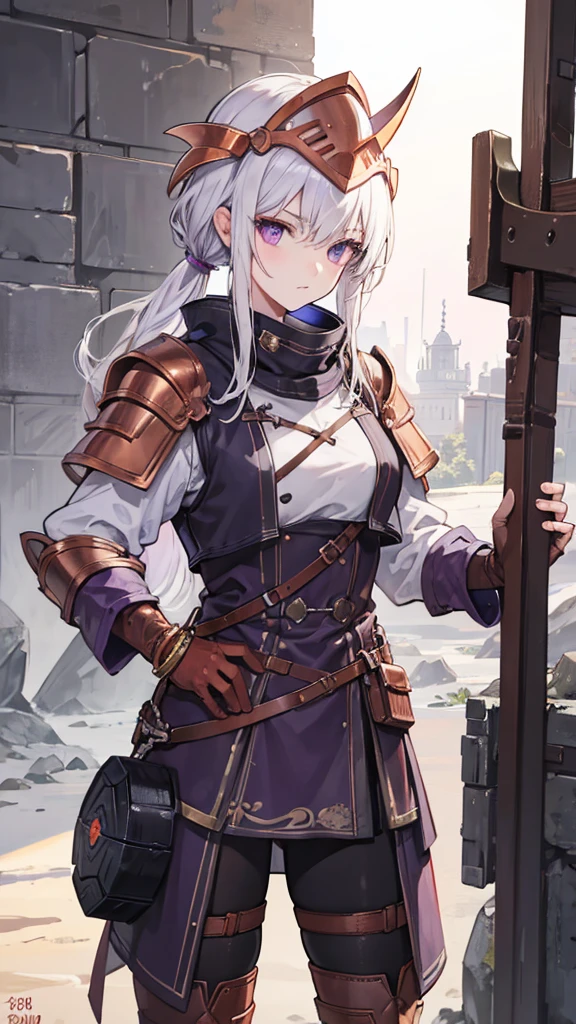 Female, White hair, purple eyes, Old Glove, 160 cm, 18 years, Ferro Copper Axe, Ferro Copper Armor, Turtle's Rusty bracelet, Ferro Copper Helmet, Tomboy, wasteland