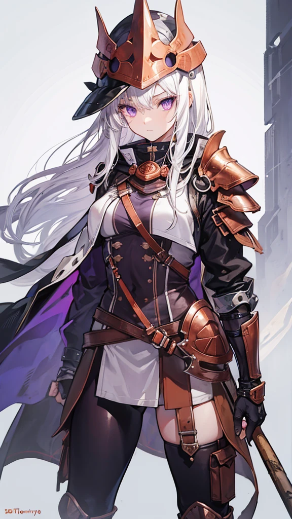 Female, White hair, purple eyes, Old Glove, 160 cm, 18 years, Ferro Copper Axe, Ferro Copper Armor, Turtle's Rusty bracelet, Ferro Copper Helmet, Tomboy, wasteland