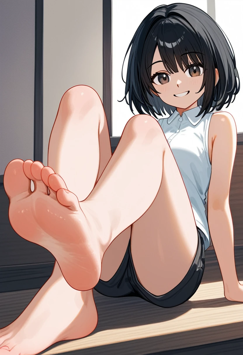 1 girl, foot fetish, Black hair, medium length hair, smiling face, shorts, sleeveless shirt,
