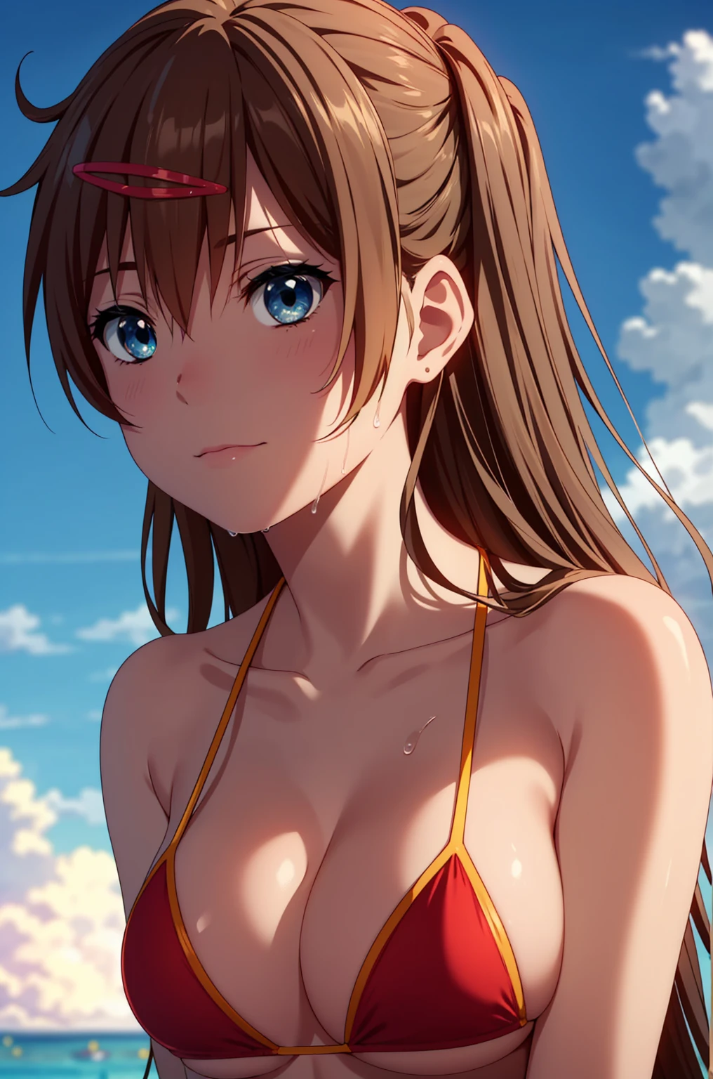 ((masterpiece, Highest quality, High resolution, uhd, Pixel perfect, Depth of written boundary, 4K, RTX, HDR)), 1 Girl, single, alone, 24-years-old, Beautiful Anime Girls, Beautiful art style, anime character, ((Parted bangs, Brown Hair)), (blue eyes、Round eyes, Delicate eyelashes、Beautiful eyelashes, Perfect Eyes), (Detailed face:1.2), (Smooth texture:0.75, Realistic texture:0.65, Realistic:1.2, Cinematic, Anime CG Style), Perfect body, Ocean:1.3、Moderately good breasts:1.7、Red Micro Bikini Swimsuit:1.8、Visible from the thighs:1.9、Wet、Water Drop、Splash、nsfw、visible from below、Leaning forward
