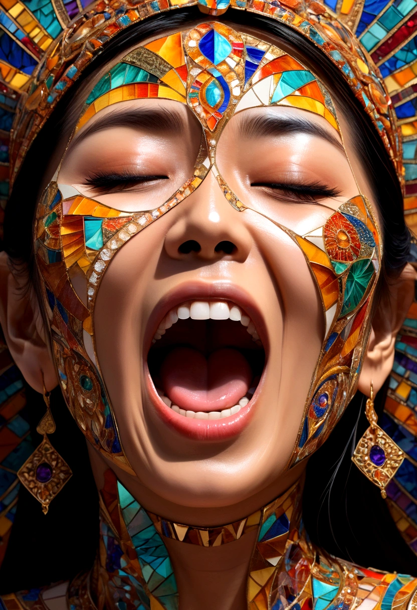 A Thai woman's face with her mouth wide open screams in pain., , Mosaic art, masterpiece, bright colors, , Highly detailed, , fractal art, , 8K, geometric concept art, sharp line