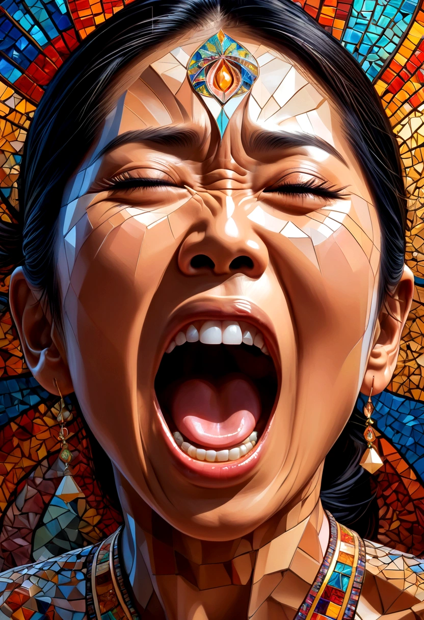 A Thai woman's face with her mouth wide open screams in pain., , Mosaic art, masterpiece, bright colors, , Highly detailed, , fractal art, , 8K, geometric concept art, sharp line