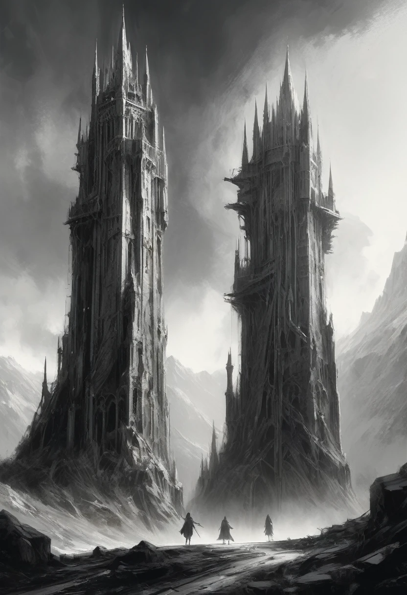 stunning black and white graphite sketch of The Two Towers, panaramic shot, from The Lord Of The Rings trilogy, in dynamic pose, by Anna Razumovskay, (by Alyssa Monks:1.1), by Joseph Lorusso, by Lilia Alvarado, beautiful lighting, sharp focus, 8k, high res, (pores:0.1), (sweaty:0.8), Masterpiece, Nikon Z9, Award - winning photograph, --ar 16:9 --style raw --stylize 750 --niji 6, perfect composition, beautiful detailed intricate insanely detailed octane render trending on artstation, 8 k artistic photography, photorealistic concept art, soft natural volumetric cinematic perfect, wide angle view