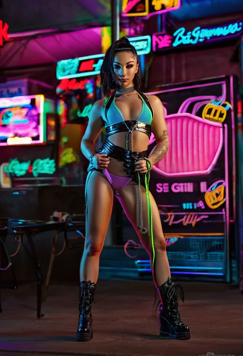 there is a woman standing with a rainbow light, 3 d neon art of a womans body, neon-noir background, cyberpunk femme fatale, seductive cyberpunk dark fantasy, cyberpunk strip clubs, cyberpunk 20 y. o model girl, oppai cyberpunk, banner, high definition cgsociety, cgsociety masterpiece, trending on cgstation, kda