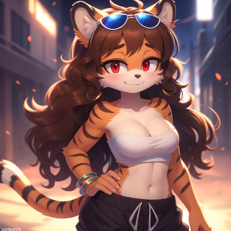 mobian, tiger, two-tone fur ((orange fur, brown fur)), baggy pants, strapless crop top, cleavage, high-top sneakers, two-tone hair (brown hair, black tip)), curly hair, halo, sunglasses, jewelry, red eyes, longeyelashes, red eyes, smile, shy, blush, high detail, masterpiece, UHD, anatomically correct, super detail, highres, 4K