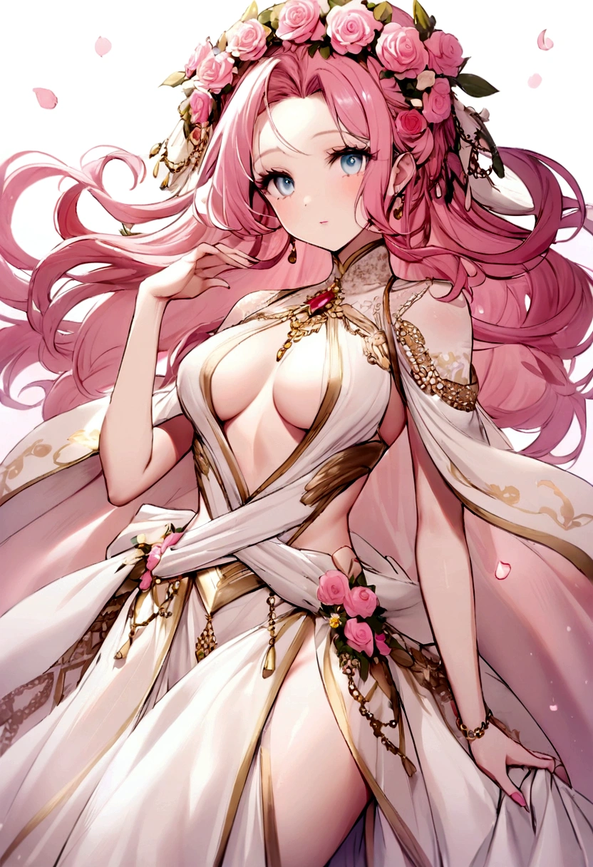 An Aegirosa is a vision of incomparable beauty, with long pink hair that falls in soft waves down to her waist. Their eyes, the same tone, shine with a captivating shine, reflecting the softness of rose petals. Your skin is smooth and flawless, with a slight rosy flush on the cheeks, enhancing your natural beauty. She wears clothes made from light, flowing fabrics that move gracefully around her body., Subtly revealing your delicate curves. Adorned with delicate details in the shape of rose petals, Your outfit exudes charm and sophistication. A flower crown adorned with small roses adorns her head, adding a touch of grace to your heavenly appearance. With his elegant posture and captivating presence, she radiates an aura of confidence and grace, capturing the attention of everyone around you. A true goddess of spring in all her glory.