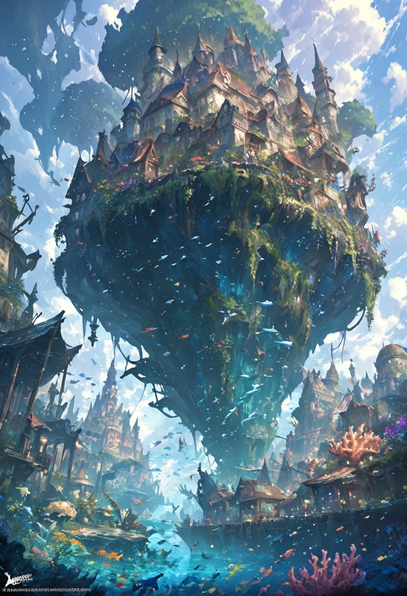 color (Fantasy: 1.2), (hayao miyazaki style), (Irregular Buildings Floating Under the Sea), Patchwork Cottage, Moss decoration, Coral, Light, Concept art inspired by Andreas Rocha, Artstation Contest Winner, Fantasy art, (an underwater city), Ross Tran, Lightシャフト, Realistic lighting, masterpiece, high quality, Beautiful graphics, High detail, masterpiece, high quality, Beautiful graphics, High detail, 