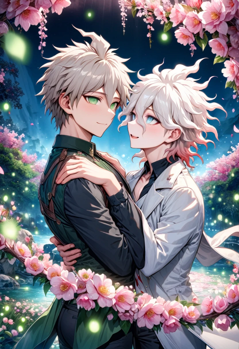 Ultra detailed, Highres, absurdres, HDR, Komaeda Nagito, white hair, expressive light gray-green eyes, Hinata Hajime, light brown hair, expressive green eyes, white coat, black shirt, Danganronpa, fantasy, petals, handsome, two sexy man together, gay couple, love, yaoi, very detailed eyes and face, master piece, pink flowers, blossoms, pink petals, magical, water, handsome smile, shining blue fireflies, black pants