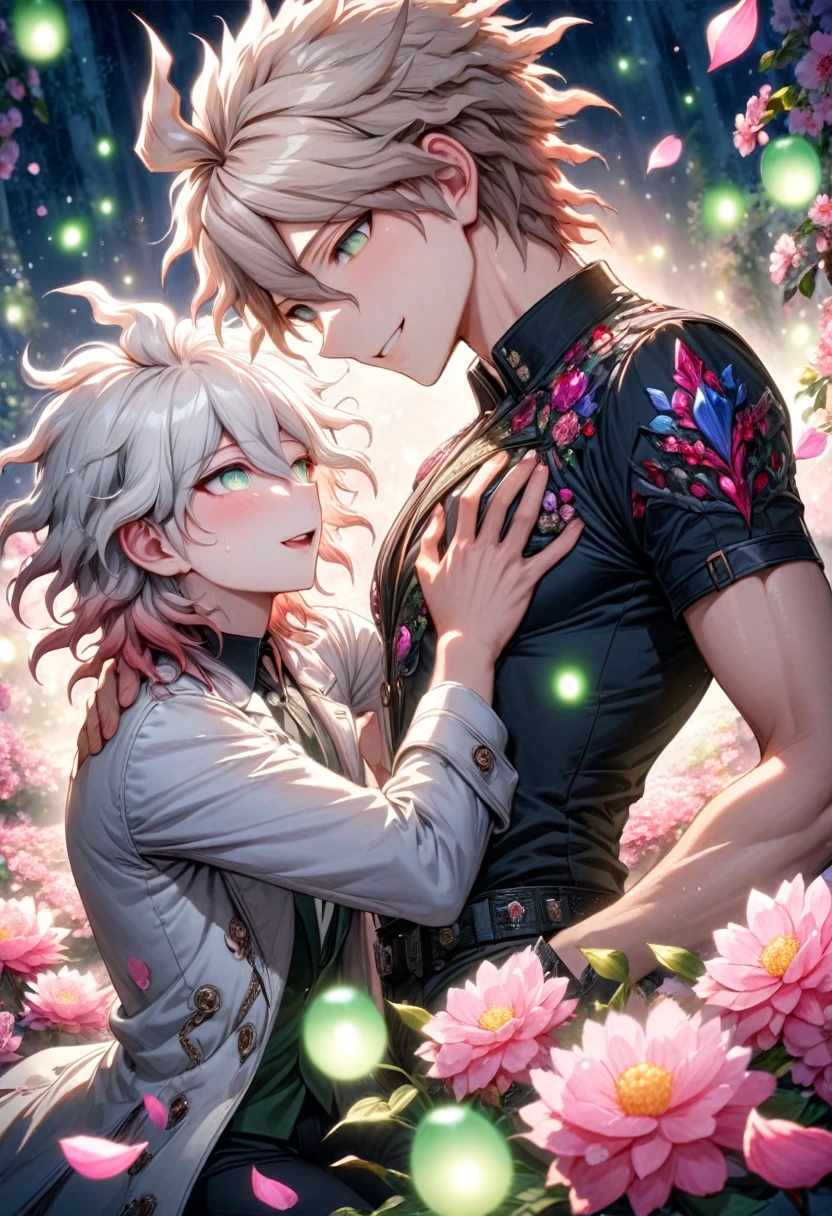 Ultra detailed, Highres, absurdres, HDR, Komaeda Nagito, white hair, expressive light gray-green eyes, Hinata Hajime, light brown hair, expressive green eyes, white coat, black shirt, Danganronpa, fantasy, petals, handsome, two sexy man together, gay couple, love, yaoi, very detailed eyes and face, master piece, pink flowers, blossoms, pink petals, magical, water, handsome smile, shining blue fireflies, black pants