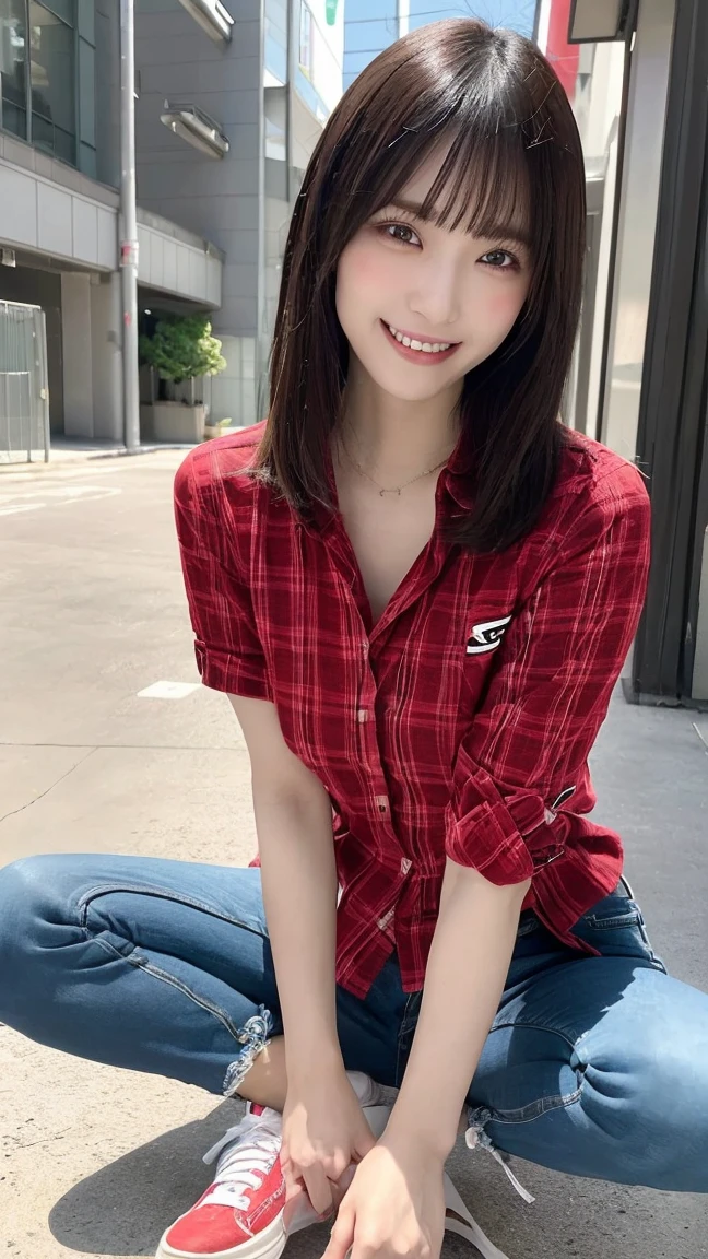 (Ultra-realistic), (An illustration), (high resolution), (8K), (very detailled), (最高のAn illustration),(CRU photo, best qualityer), (真实感, photorrealistic:1.4), Masterpiece artwork, Very delicate and beautiful, extremely detaild, 2k wallpaper, incredible, fine-details, very detailledなCGユニティ8kの壁紙, super verbose, high resolution, beautiful detailed girl, very detailledな目と顔, Beautiful detailed nose, beautiful detailed eyes,cinematic lighting,Perfect Anatomia,Perfect promotion,(a shy smile, beautiful face), ((perfect legs, perfect legs, perfect hands, perfect hands指, perfect arms, a shy smile, The mouth is perfect)), looking directly at the camera, Ear fringes and fringes、necklase、 (((beautiful japanese girl)))、 ((((((Uma beautiful japanese girl de 27))))))、(((Huge G breasts))), (((Bursting with huge breasts!!!!))), (((attractive big breasts!!!!!!!))), (((huge boobies))), (((Full body writing))), (((seductively pose))), ((photo only)), ((Bblack hair)), (((slenderbody))), (((Wearing a black and red plaid shirt, sneakers and jeans))), ((((beautiful smiling))))