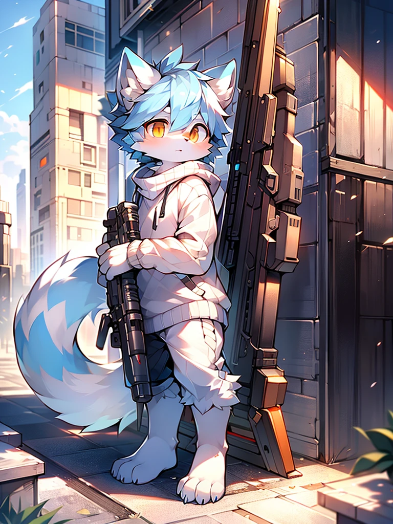 Standing on the rooftop holding a silver sniper rifle white fur orange eyes light blue hair squatting wearing a white sweater